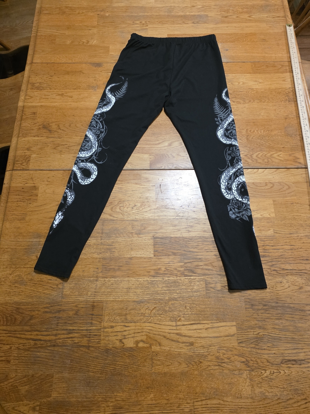 Goth Punk Rocker Snake Roses Black Leggings - Picture 3 of 5